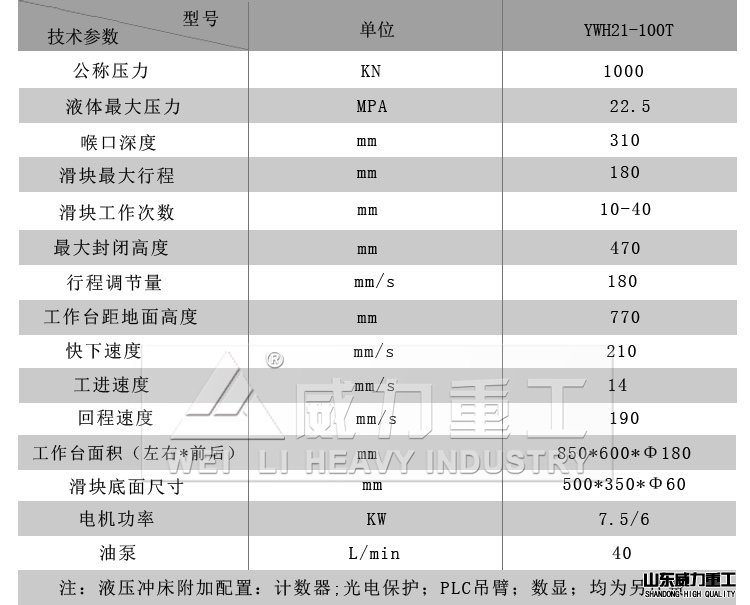 100噸液壓沖床的技術(shù)參數(shù)